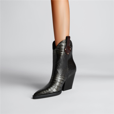 Black Crocodile Printed Cowboy Boots Pull On V Back Chunky Heel Ankle Boots