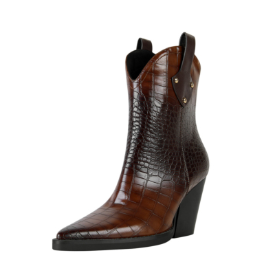 Brown Crocodile Printed Cowboy Boots Pull On V Back Chunky Heel Ankle Boots