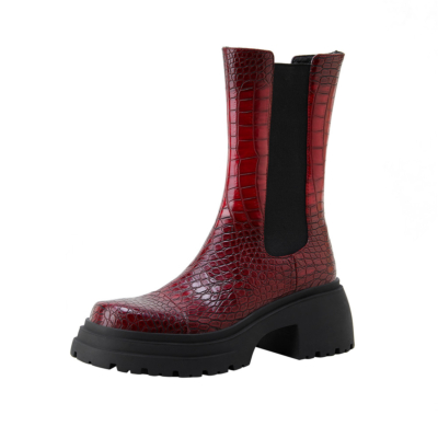 Crocodile Printed Flat Combat Boots Pull On Ankle Boots Shoes