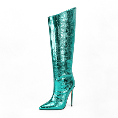 Shiny Metallic Green Crocodile Printed Stiletto Heel Pointed Toe Tall Boots Wide Calf Knee High Booties