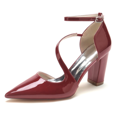 Burgundy Cross Strap Ankle Strap Solid D'orsay Pumps with Chunky Heel