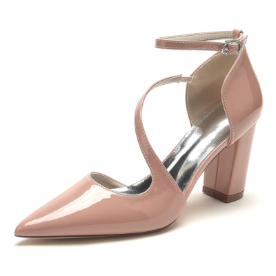 Pink Cross Strap Ankle Strap Solid D'orsay Pumps with Chunky Heel