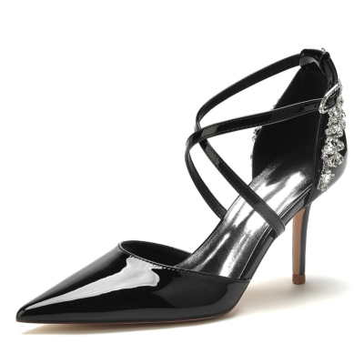 Black Cross Strap Back Jewelled Embellished D'orsay Pumps Shoes Office Heels