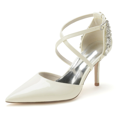 Beige Cross Strap Back Jewelled Embellished D'orsay Pumps Shoes Office Heels