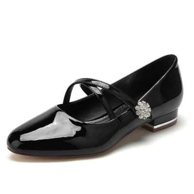 Black Cross Strap Mary Jane Ballet Flats with Jeweled Flower Buckle