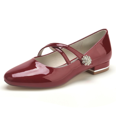 Burgundy Cross Strap Mary Jane Ballet Flats with Jeweled Flower Buckle
