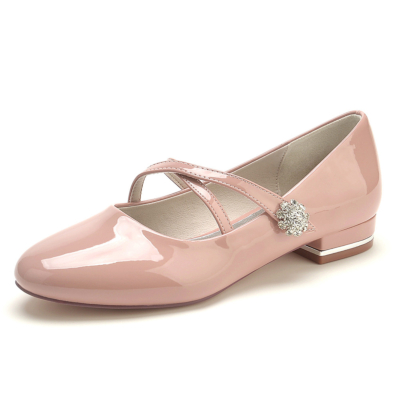 Pink Cross Strap Mary Jane Ballet Flats with Jeweled Flower Buckle