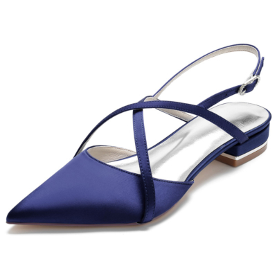 Navy Cross Strap Satin Slingback Flats Pointed Toe Backless Flat Shoes