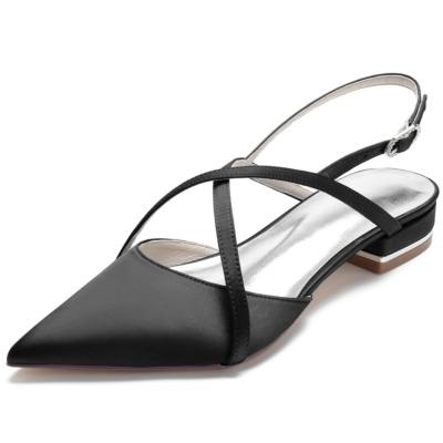 Black Cross Strap Satin Slingback Flats Pointed Toe Backless Flat Shoes