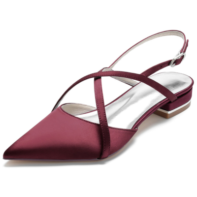 Burgundy Cross Strap Satin Slingback Flats Pointed Toe Backless Flat Shoes