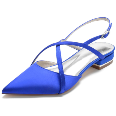 Royal Blue Cross Strap Satin Slingback Flats Pointed Toe Backless Flat Shoes