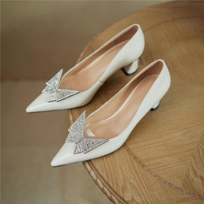 White Crystal Butterfly Buckle Patent Leather Pointy Toe Pumps Block Heels Bridal Shoes