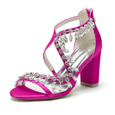 Magenta Crystal Criss Cross Strap Sandals Block Heels Open Toe Zip Bridal Sandals