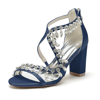 Navy Crystal Criss Cross Strap Sandals Block Heels Open Toe Zip Bridal Sandals