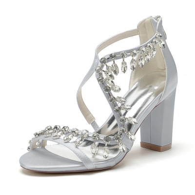 Silver Crystal Criss Cross Strap Sandals Block Heels Open Toe Zip Bridal Sandals