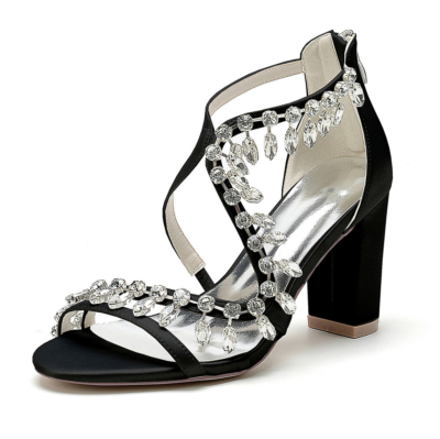 Black Crystal Criss Cross Strap Sandals Block Heels Open Toe Zip Bridal Sandals