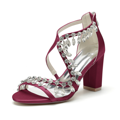 Burgundy Crystal Criss Cross Strap Sandals Block Heels Open Toe Zip Bridal Sandals