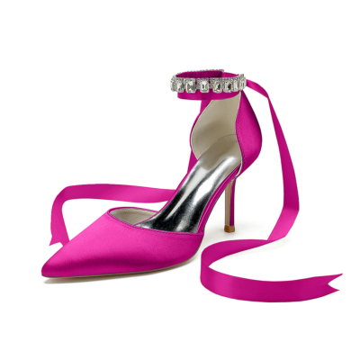 Magenta Crystal Embellished Ankle Strap Pumps Satin D'orsay Stiletto Heels for Wedding