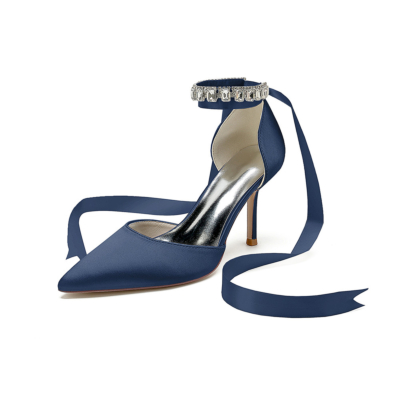 Navy Crystal Embellished Ankle Strap Pumps Satin D'orsay Stiletto Heels for Wedding