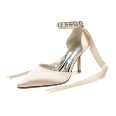 Champagne Crystal Embellished Ankle Strap Pumps Satin D'orsay Stiletto Heels for Wedding