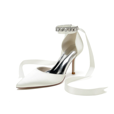 Beige Crystal Embellished Ankle Strap Pumps Satin D'orsay Stiletto Heels for Wedding