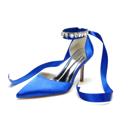 Royal Blue Crystal Embellished Ankle Strap Pumps Satin D'orsay Stiletto Heels for Wedding
