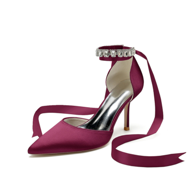 Burgundy Crystal Embellished Ankle Strap Pumps Satin D'orsay Stiletto Heels for Wedding