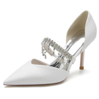 White Crystal Embellished Strap D'orsay Pumps Shoes Glitter Stiletto Heels For Wedding