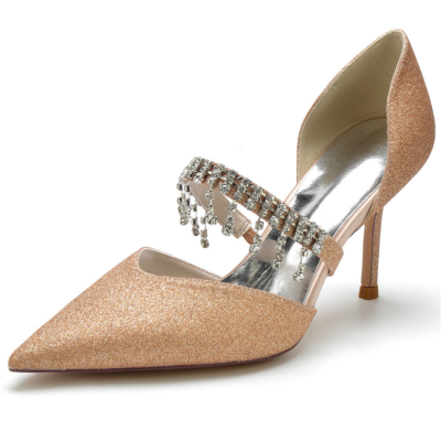 Champagne Crystal Embellished Strap D'orsay Pumps Shoes Glitter Stiletto Heels For Wedding