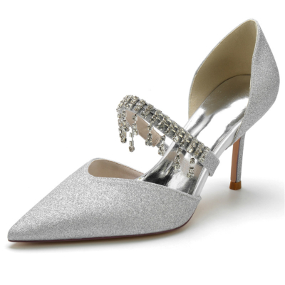 Silver Crystal Embellished Strap D'orsay Pumps Shoes Glitter Stiletto Heels For Wedding
