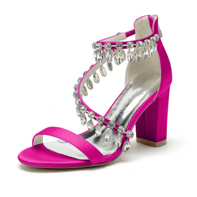 Magenta Crystal Embellishmed Cross Strap Block Heel Sandals Satin Dance Shoes