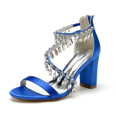 Royal Blue Crystal Embellishmed Cross Strap Block Heel Sandals Satin Dance Shoes