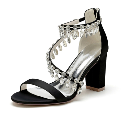 Black Crystal Embellishmed Cross Strap Block Heel Sandals Satin Dance Shoes
