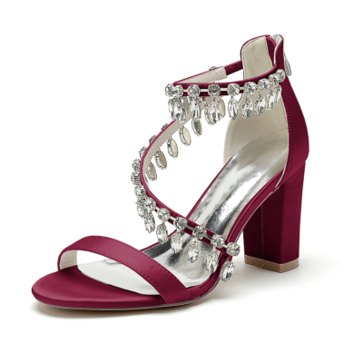 Burgundy Crystal Embellishmed Cross Strap Block Heel Sandals Satin Dance Shoes