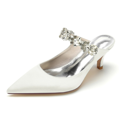 Ivory Crystal Strap Mule Shoes Satin Bridal Dress Pumps Low Heels
