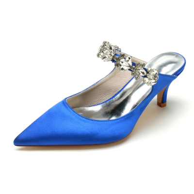 Royal Blue Crystal Strap Mule Shoes Satin Bridal Dress Pumps Low Heels