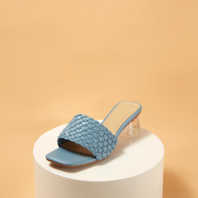 Blue Cute Woven Clear Chunky Heel Slide Sandals