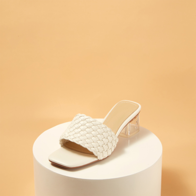 White Cute Woven Clear Chunky Heel Slide Sandals