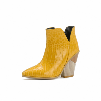 Yellow Cutout V Side Snake Print Block Heel Ankle Booties