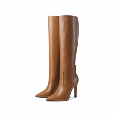 Brown Dance Boots Pointy Toe Stiletto Knee High Boots