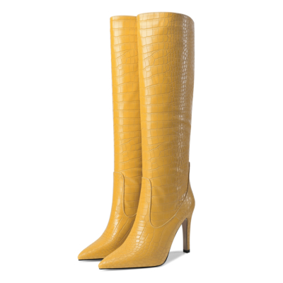 Yellow Dance Boots Croc-Effect Stiletto Knee High Boots