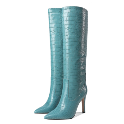 Blue Dance Boots Croc-Effect Stiletto Knee High Boots