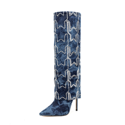Dark Blue Denim Fold Over Boots Sequin Star Knee High Boots for Dress