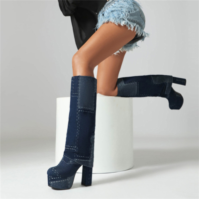 Blue Denim Fold Over Platform Boots Block Heels Color Block Knee High Boots