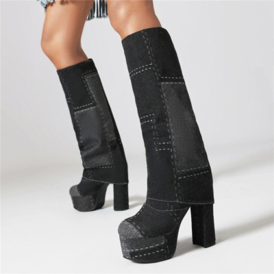 Black Denim Fold Over Platform Boots Block Heels Color Block Knee High Boots