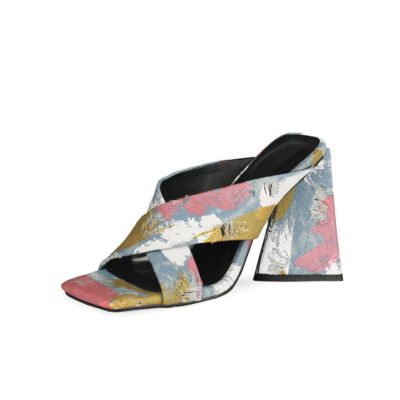 Colorful Denim Cross Strap Mule Sandals Chunky Heels Slide Shoes