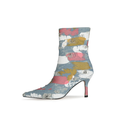 Light Blue Denim Multicolors Pointed Toe Stiletto Ankle Boots with Zipper