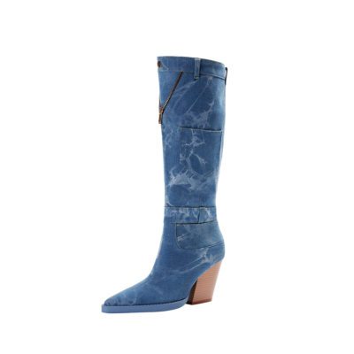 Denim Pointed Toe Chunky Heel Knee High Western Boots with Pocket