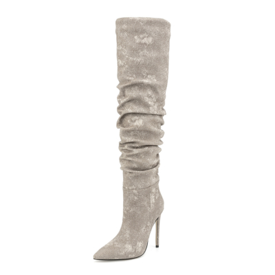 Grey Denim Wrinkle Pointed Toe Stiletto Heels Knee High Slouch Boots