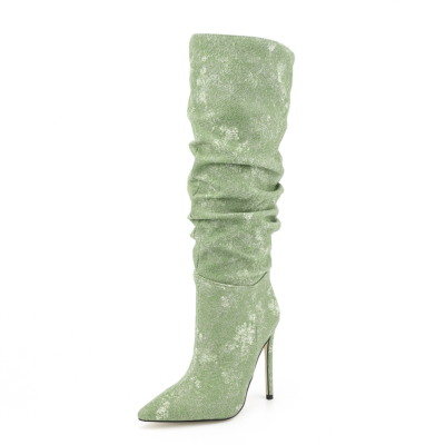 Green Denim Wrinkle Pointed Toe Stiletto Heels Knee High Slouch Boots